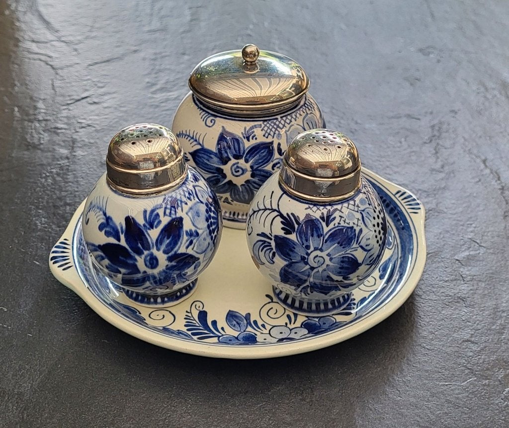 4-delig Delfts Blauw menageriesetje met zilveren deksels, Ophalen of Verzenden, Zilver