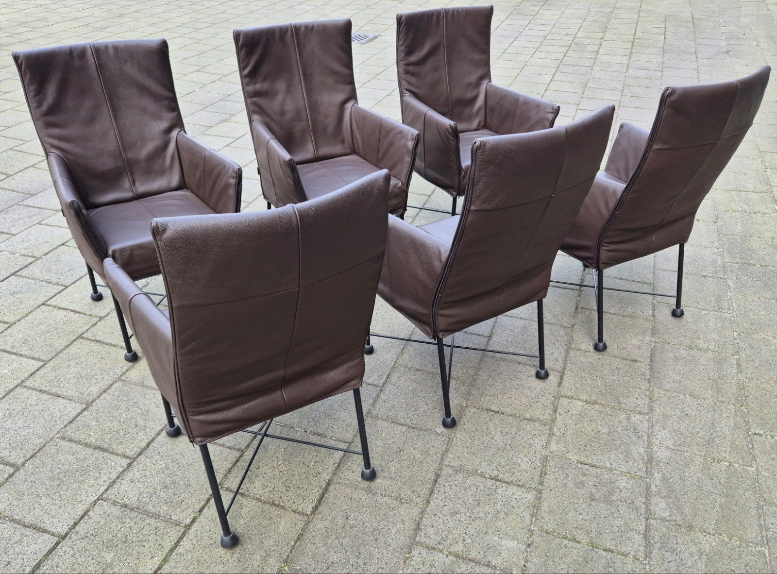 6 Prachtige Montis Chaplin Design stoelen D.Bruin Leer-, Huis en Inrichting, Stoelen, Ophalen, Bruin, Label gerard vd berg stijl