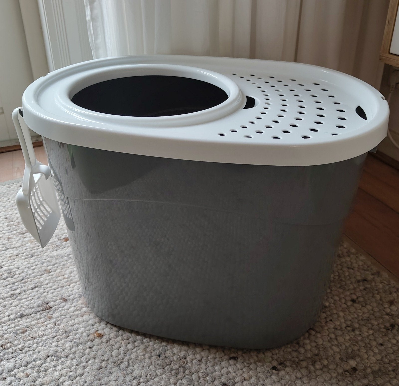Top Entry Kattenbak - Kunststof - Grijs/Wit - met schepje, Ophalen of Verzenden