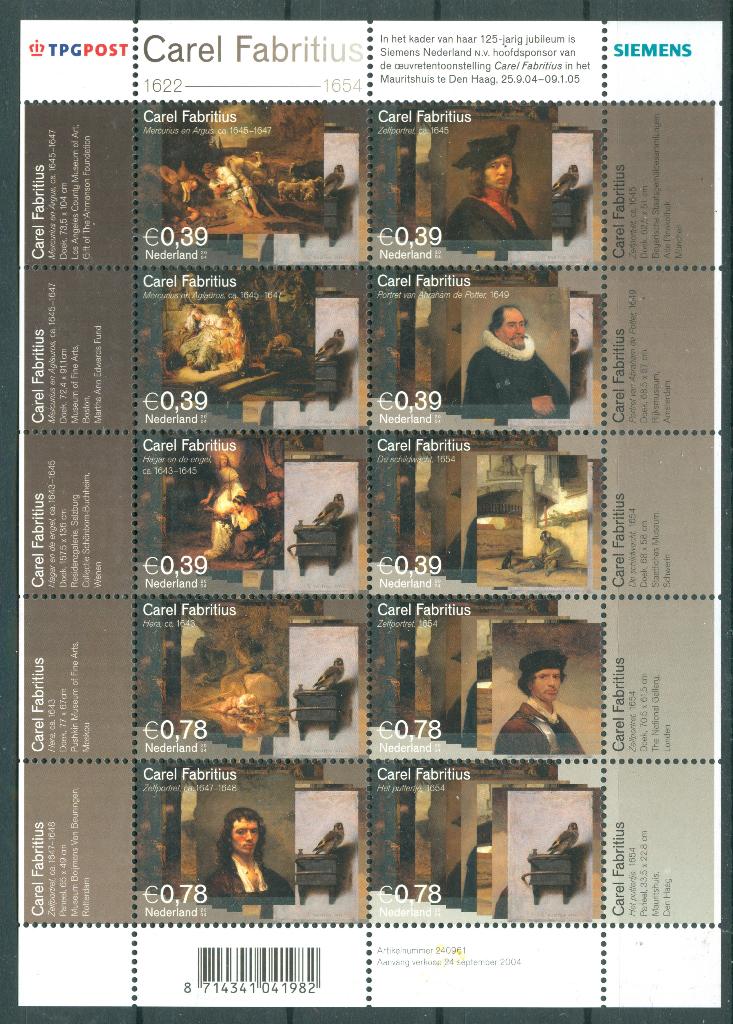 Ned. NVPH 2285-2294 Carel Fabritius 2004, Postzegels en Munten, Postzegels | Nederland, Ophalen of Verzenden, Na 1940, Postfris