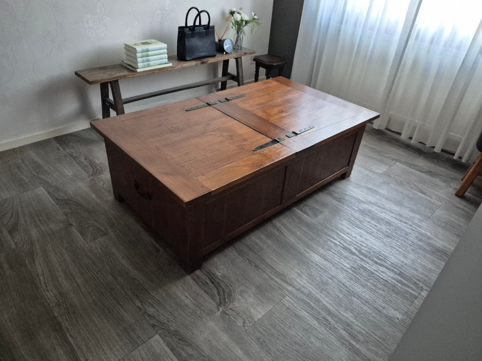 Massief Teakhouten Salontafel met Opbergruimte, Ophalen