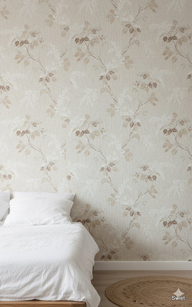 14122 serene bladeren vintage wallpaper beige bruin swiet, Ophalen of Verzenden, Beige
