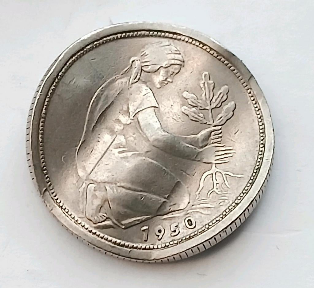 Duitsland 50 Pfennig 1950J Oude Munt Misslag Error Wokkel, Ophalen of Verzenden, Duitsland