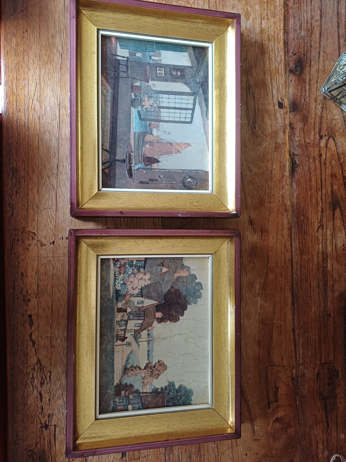 Set van 2 ingelijste vintage prints: Landschap & Interieur, Ophalen of Verzenden, Landschap, Print, Papier