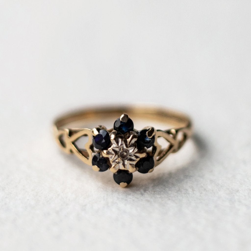 Vintage 9K gouden cluster ring met saffier & diamant 16,25, Ophalen of Verzenden, Met edelsteen, Dame, Goud