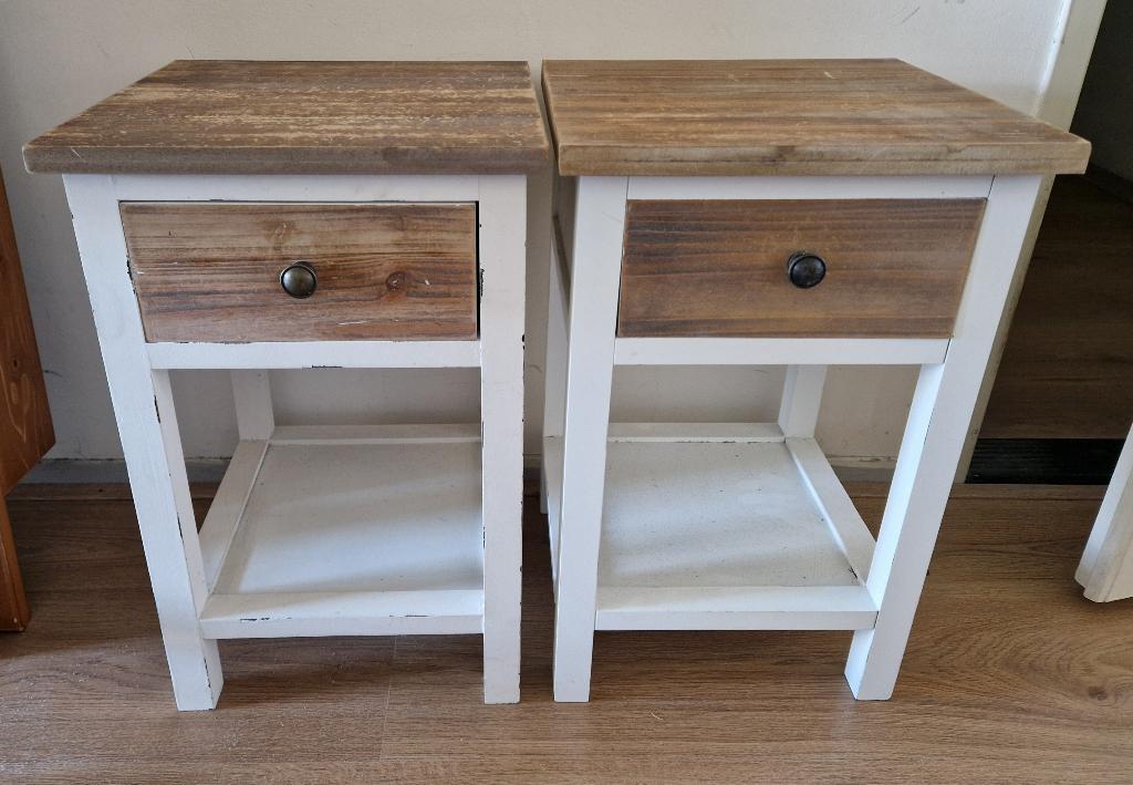 2 nachtkastjes met lade wit+hout 32 x 32 x h48 cm h, Ophalen, Gebruikt, Minder dan 45 cm, Minder dan 55 cm