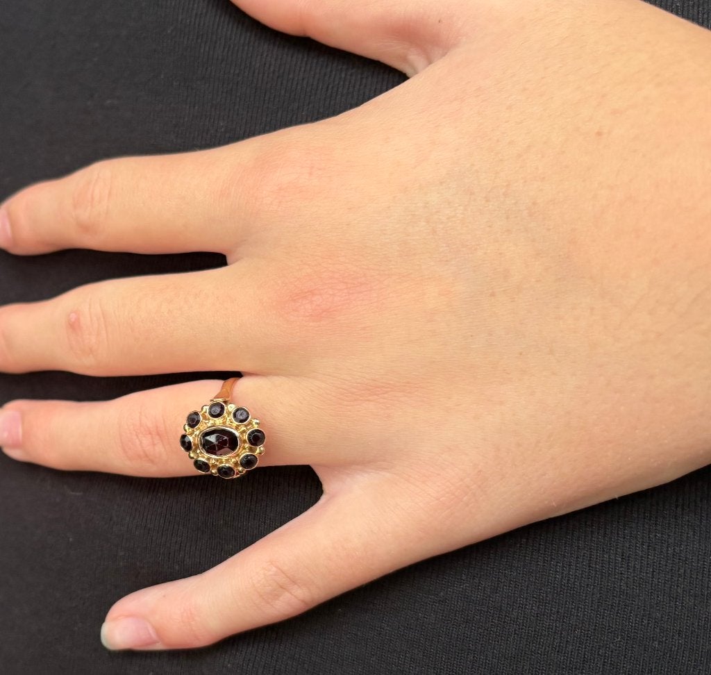 Granaat rozet 14k gouden entourage dames ring vintage, Sieraden, Tassen en Uiterlijk, Antieke sieraden, Verzenden, Goud, Ring