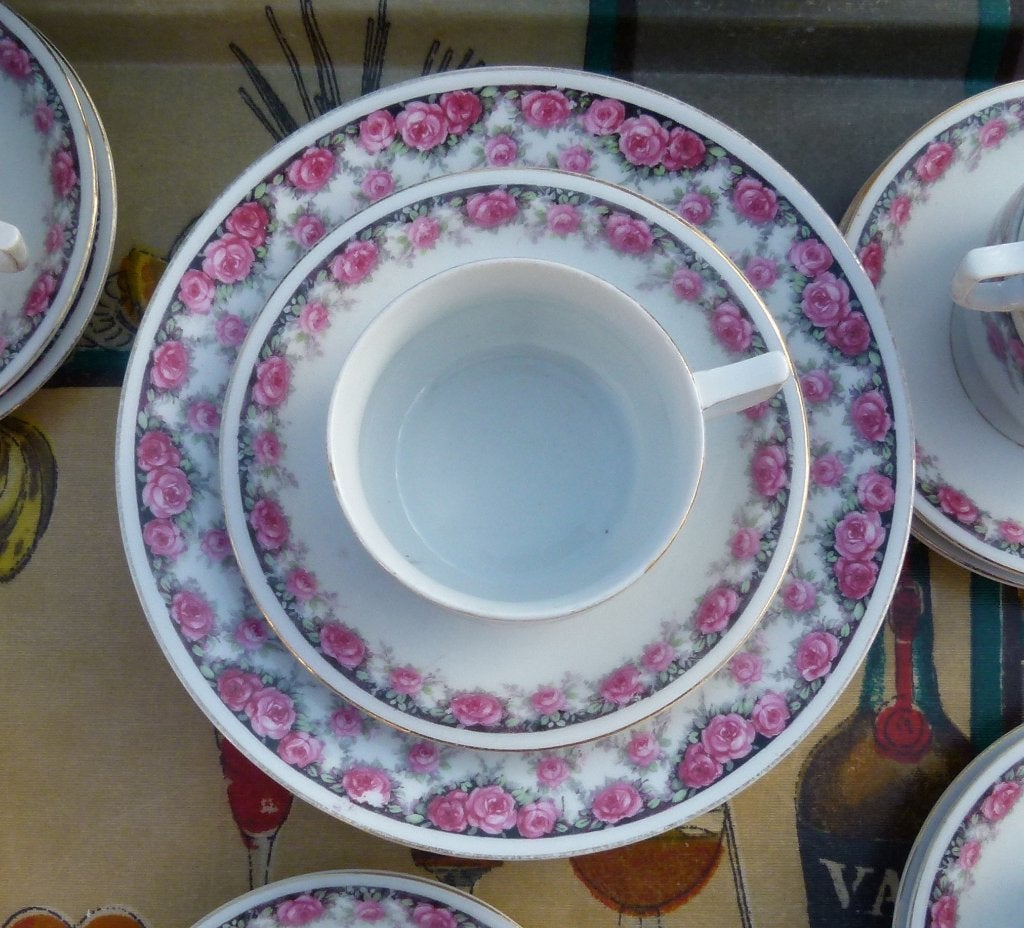 Prachtig Franse Roze / Rode Roosjes Brunch Servies, Overige merken, Nieuw, Ophalen of Verzenden, Overige stijlen