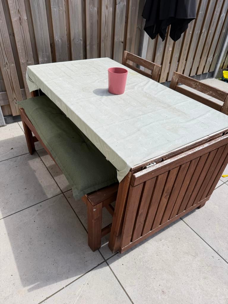 Ikea Applarö tuinset: uitschuifbare tafel, bank, 2 stoelen, Ophalen, Gebruikt, Rechthoekig, Hout