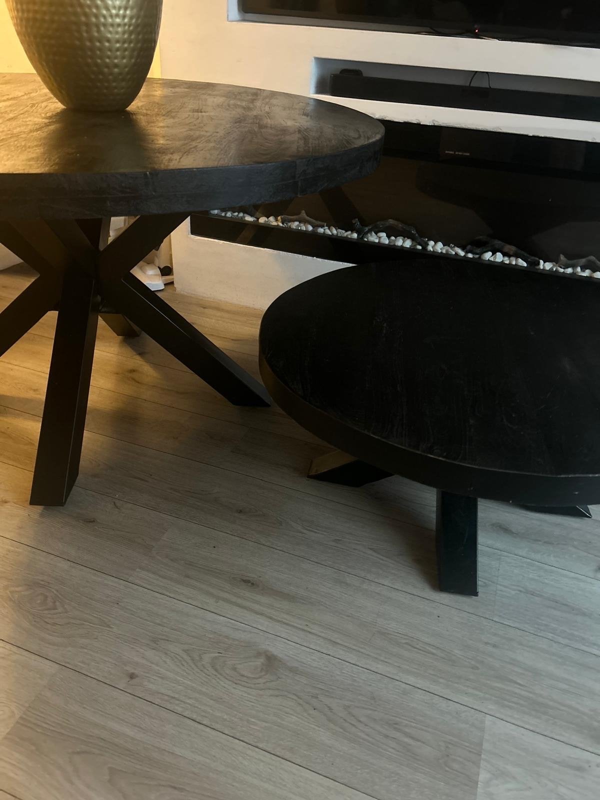 Mango houten eettafel en salontafel set, 160cm diameter, Ophalen, Gebruikt, 150 tot 200 cm, Rond