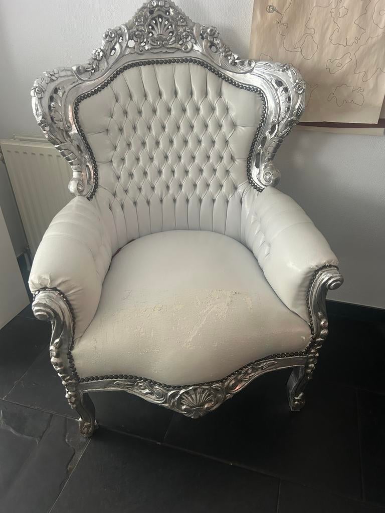 Royal Barok Fauteuil - Wit met Zilveren Details, Ophalen, Gebruikt, Barok, 75 tot 100 cm