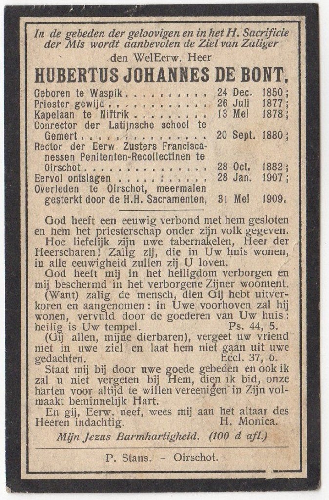 pastoor Hubertus de Bont 1850 Waspik + 1909 Oirschot, 58 jr, Verzamelen, Verzenden