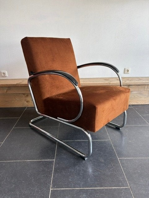 Gispen 407 fauteuil. chroom, nieuwe goudbruine ribstof, Huis en Inrichting, Fauteuils, Design, 75 tot 100 cm, Zo goed als nieuw