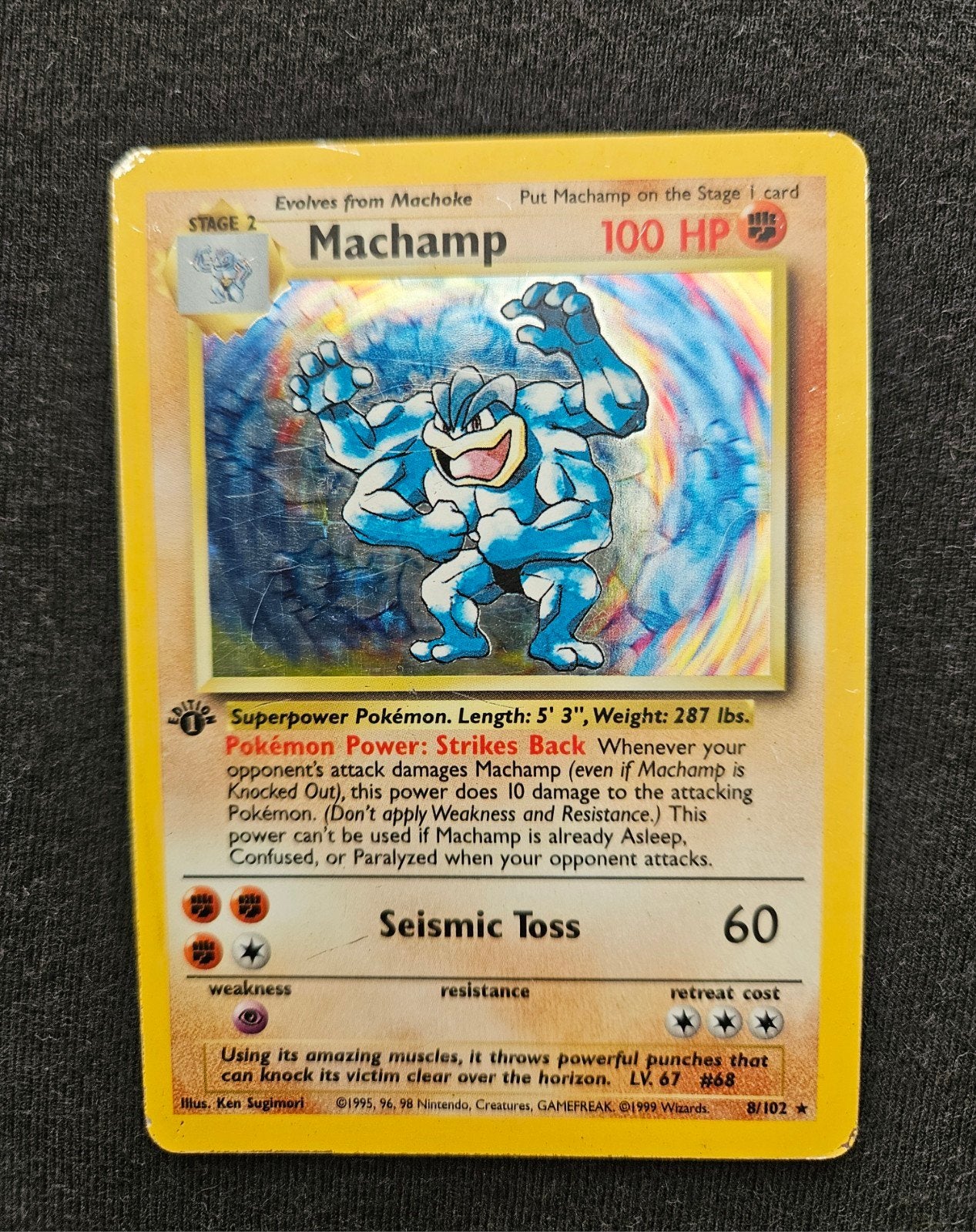Machamp Pokémon Kaart (Base Set, 1st Edition, Holo), Ophalen of Verzenden, Gebruikt, Losse kaart, Foil