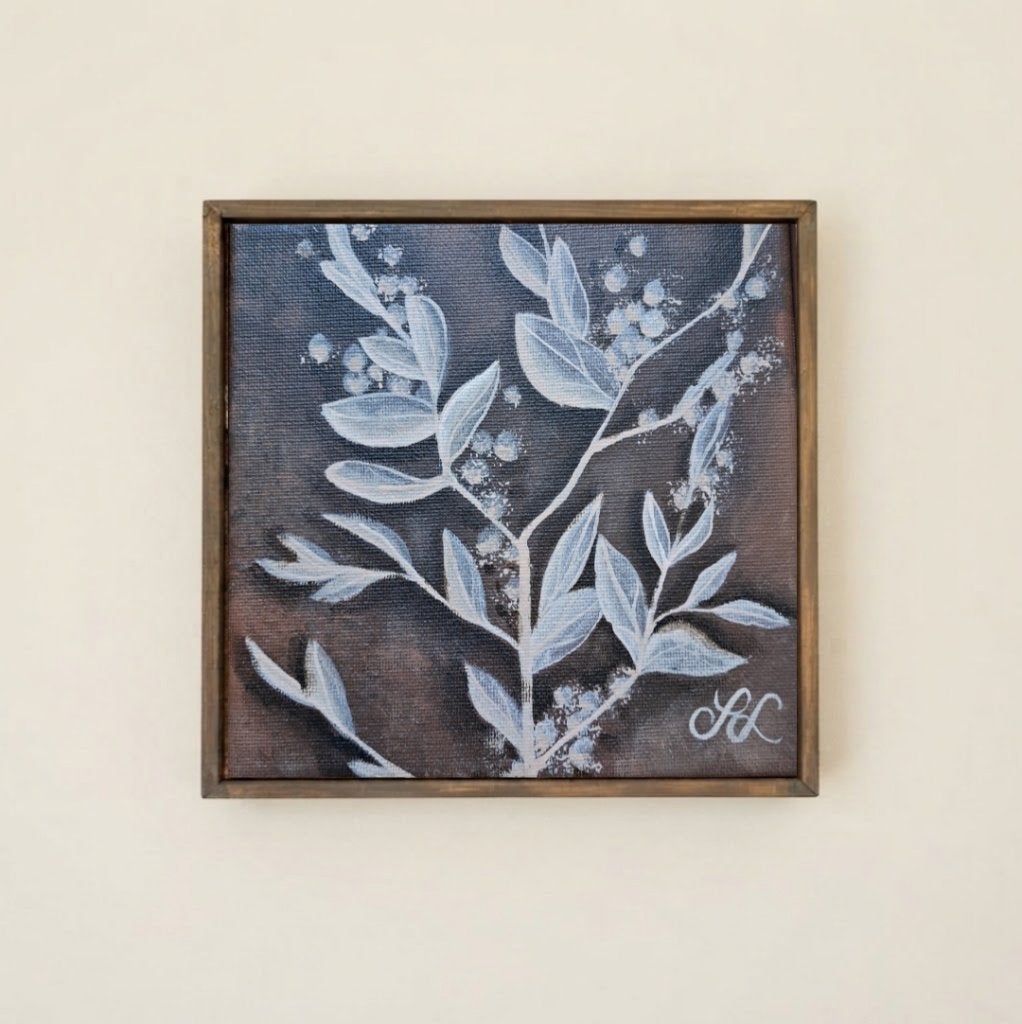Hand-Painted Botanical Canvas Art (17x17cm), Bloemen, Acrylverf, Expressionistisch, Gesigneerd