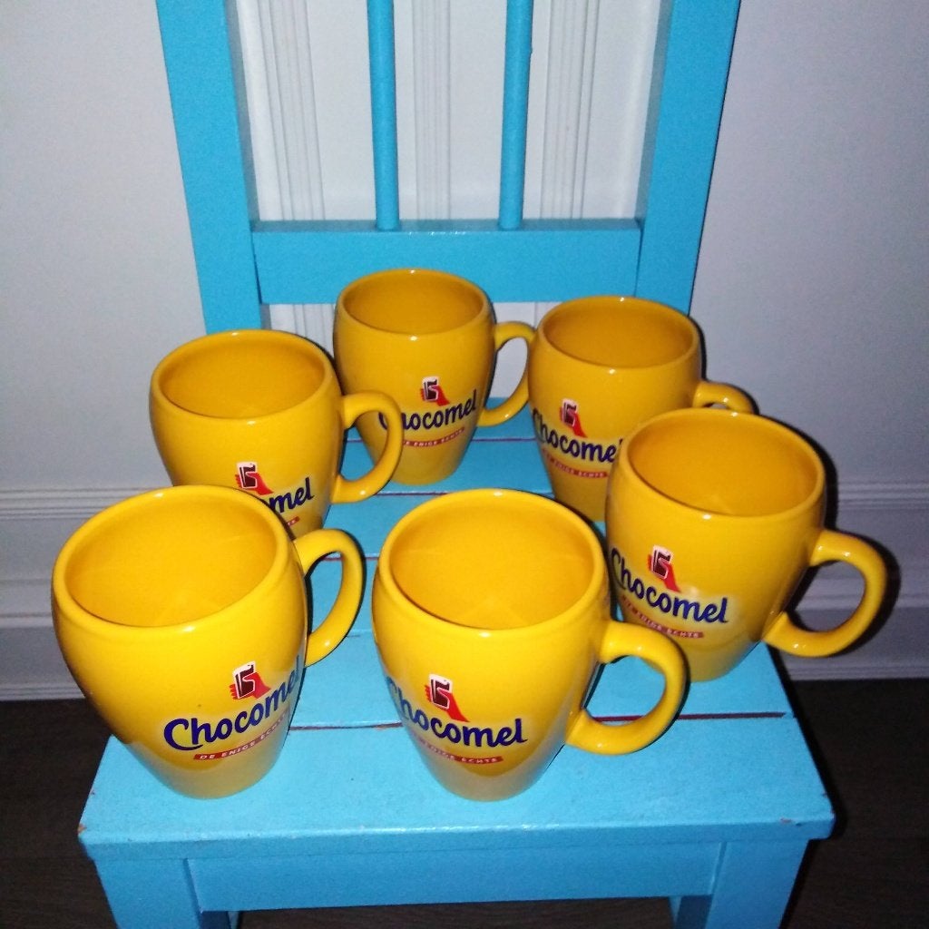 Chocomel bekers / mokken De enige echte 6 stuks, Ophalen, Glas of Glazen, Gebruikt, Overige stijlen