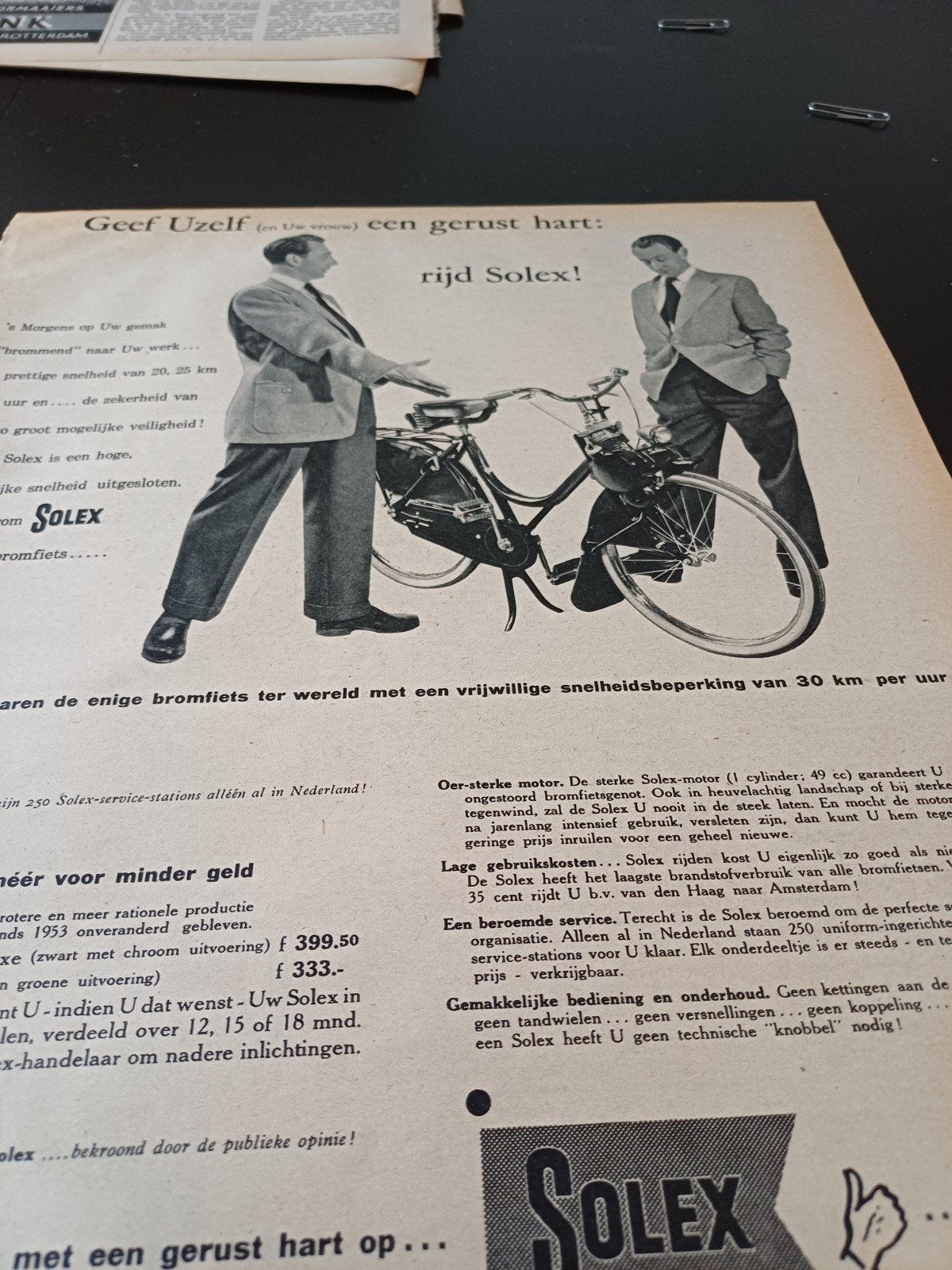 advertentie van Solex bromfiets geef uzelf 1956, Ophalen of Verzenden, Zo goed als nieuw, Overige typen