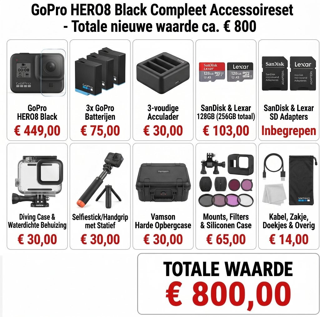 Foto 3 van GoPro HERO8 Black + 3 Accu’s + 256GB + Veel Extras