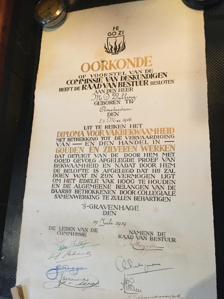 Oorkonde Goudsmid Amsterdam.Mr D,Wulling .1936, Dagelijks leven, 40 cm, 1950 - 1999, Overige technieken