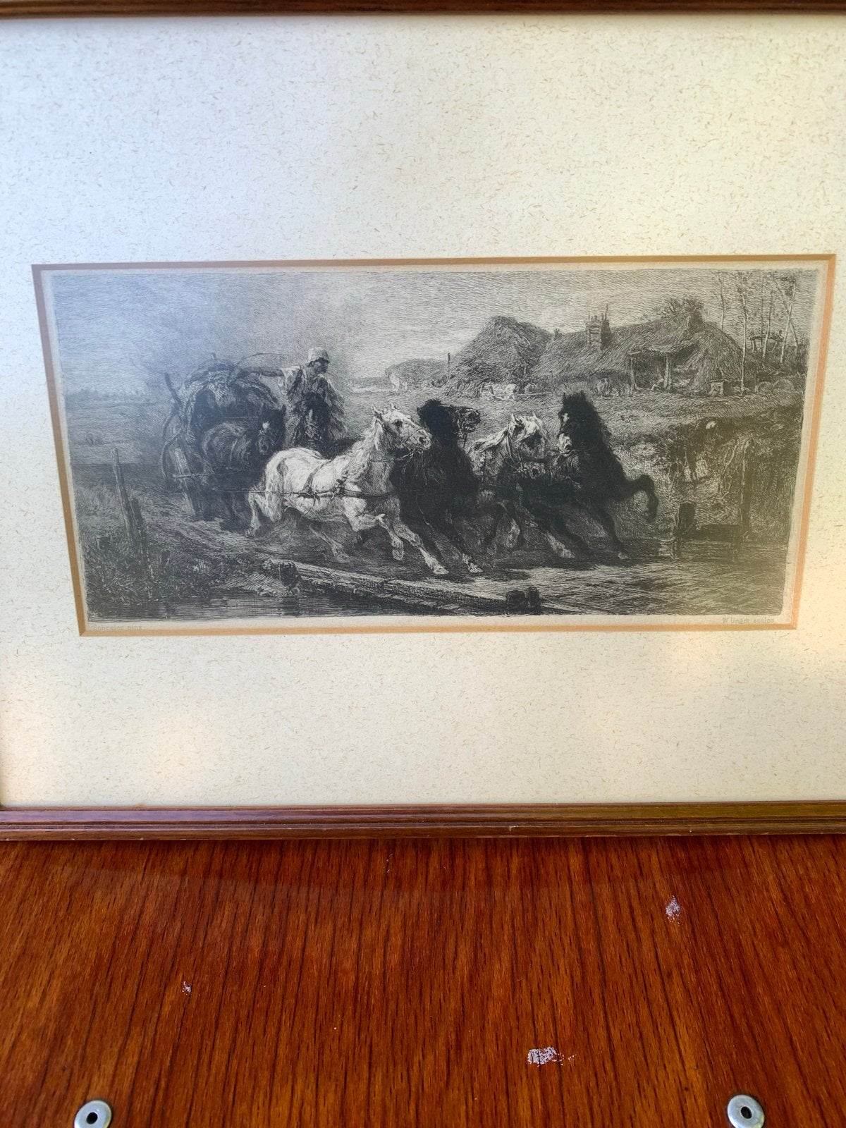 Antieke Ets: Paarden trekken kar door landschap, Ophalen, 1800 - 1899, Ets, Ingelijst
