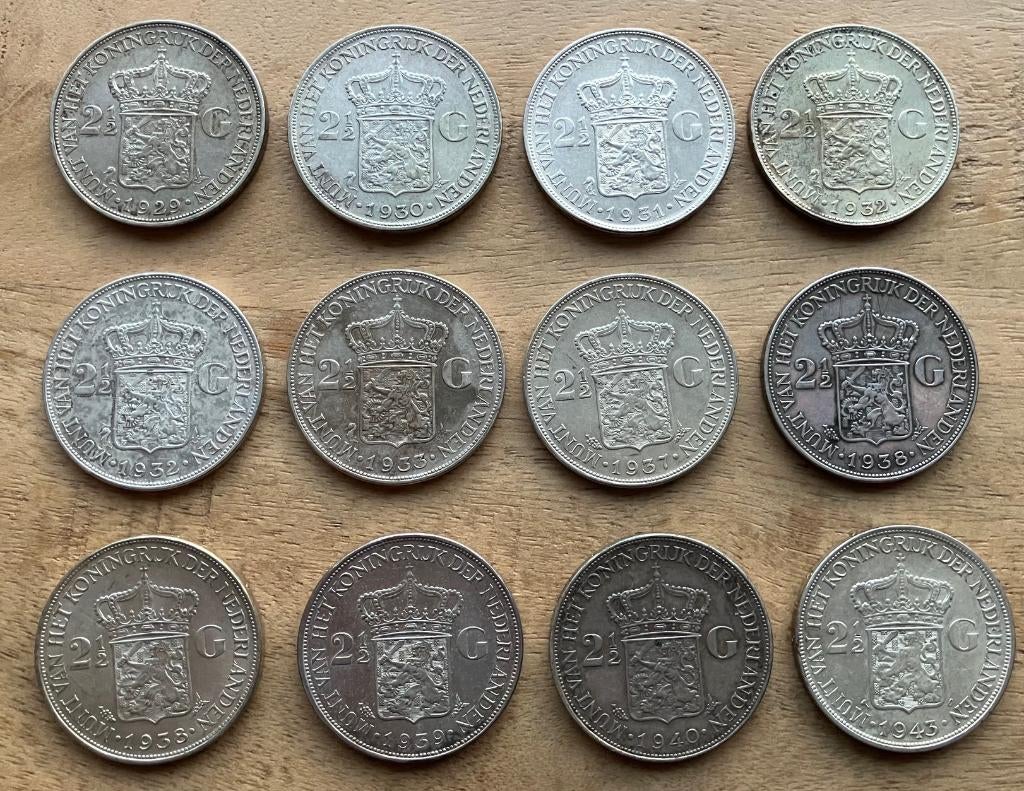 complete set 2,5 gulden Wilhelmina Opgestoken Haar, Ophalen, Setje, Zilver, Koningin Wilhelmina
