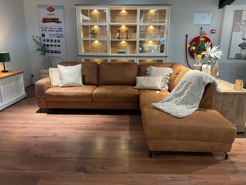 Bank Creon cognac microleder, Ophalen, 250 tot 300 cm, Hoekbank, Nieuw
