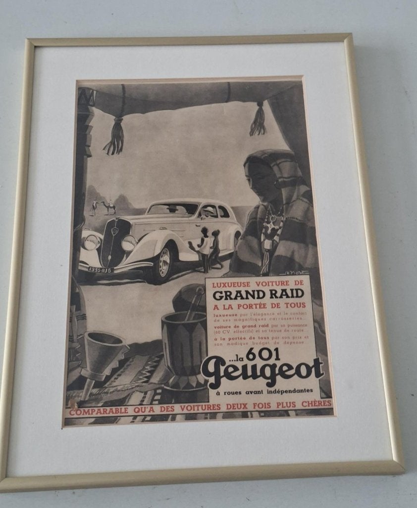 vintage art deco Peugeot advertentie jaren 1930 ingelijst, Verzamelen, Ophalen of Verzenden, Gebruikt, Auto's