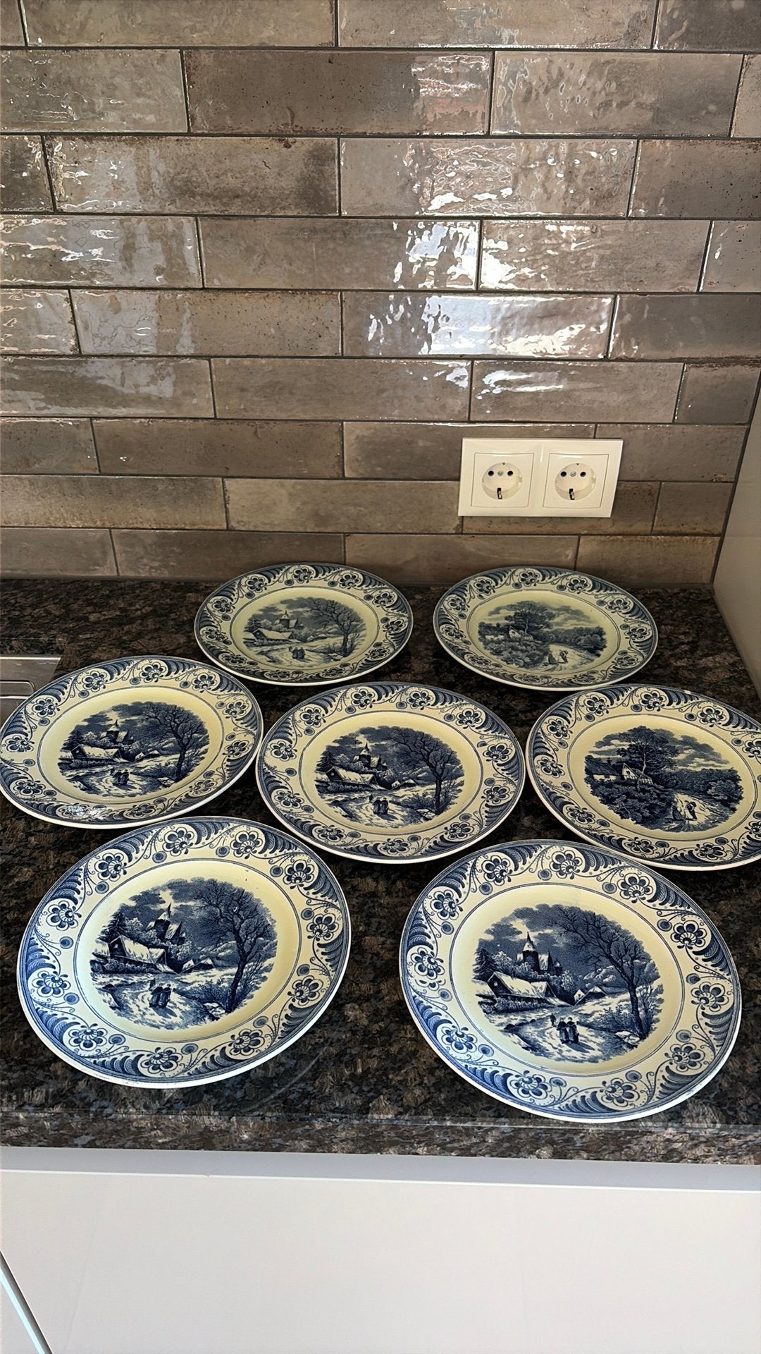 7 borden Landschap blauw Societe Ceramique, Antiek en Kunst, Antiek | Servies los, Ophalen of Verzenden