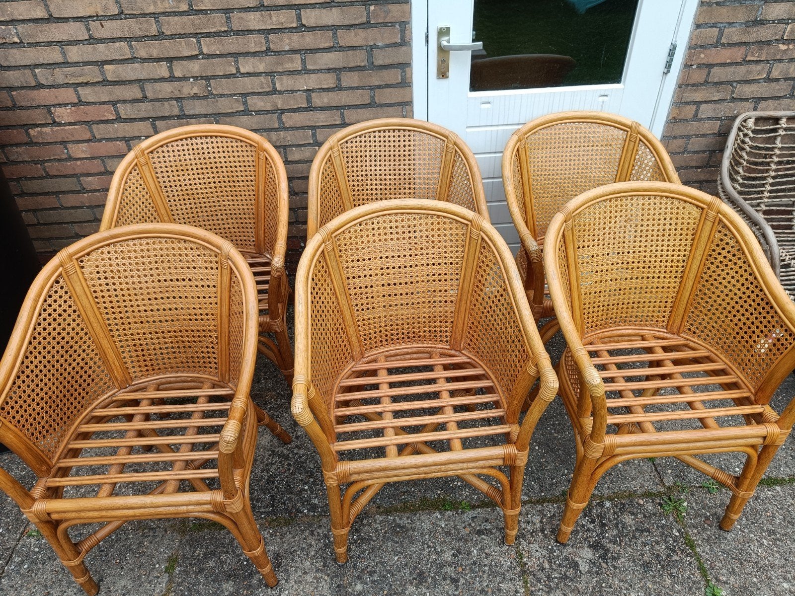 Set van 6 Rotan Stoelen met Rietwerk - Vintage Stijl, Huis en Inrichting, Stoelen, Ophalen, Gebruikt, Bruin, Riet of Rotan