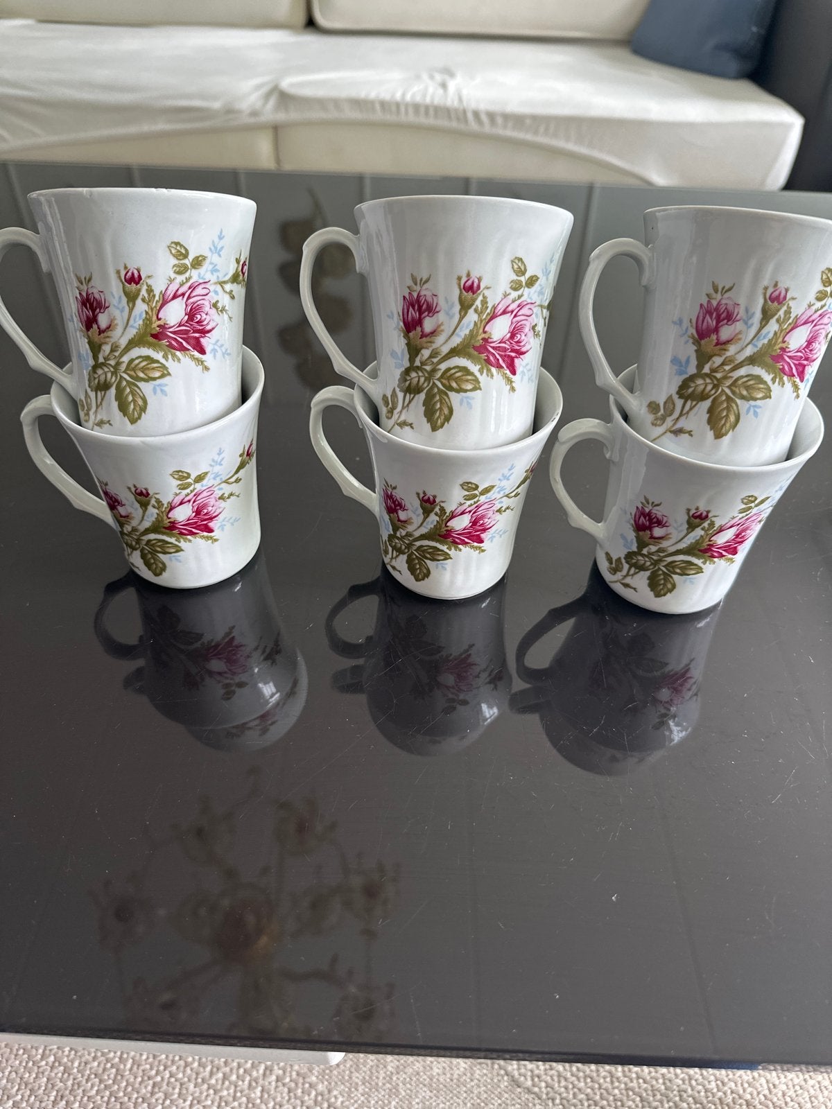 Set van 6 vintage kopjes met rozenprint - Made in Poland, Ophalen of Verzenden