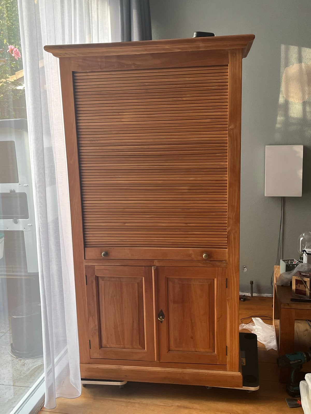 Teakhouten computerkast met rolluik en opbergruimte, Ophalen, Gebruikt, 70 tot 120 cm, Teakhout