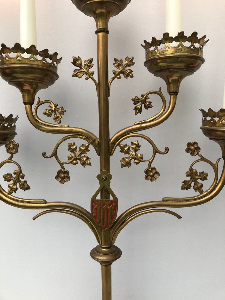 Antieke koperen 5 Armige Kerk Kandelaar, Ophalen of Verzenden, Koper of Brons