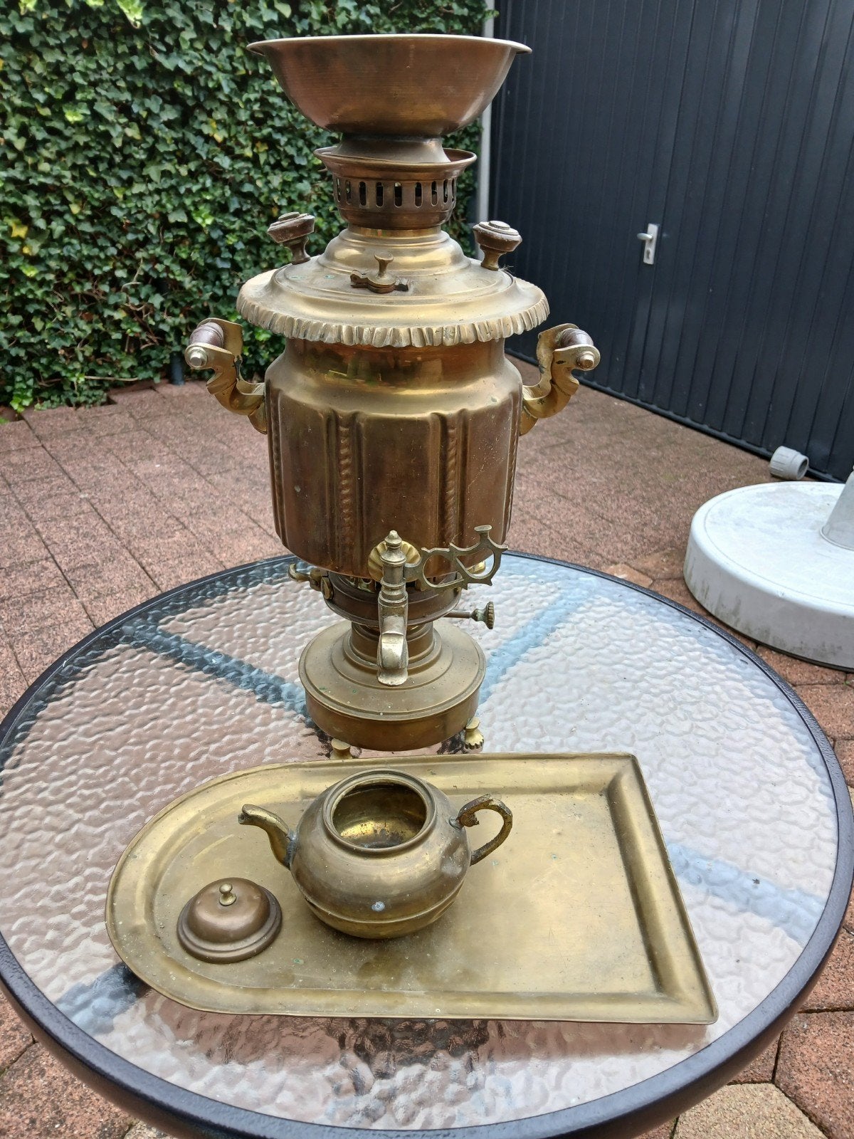 Antieke koperen samovar, theepot en lamp, Ophalen, Koper