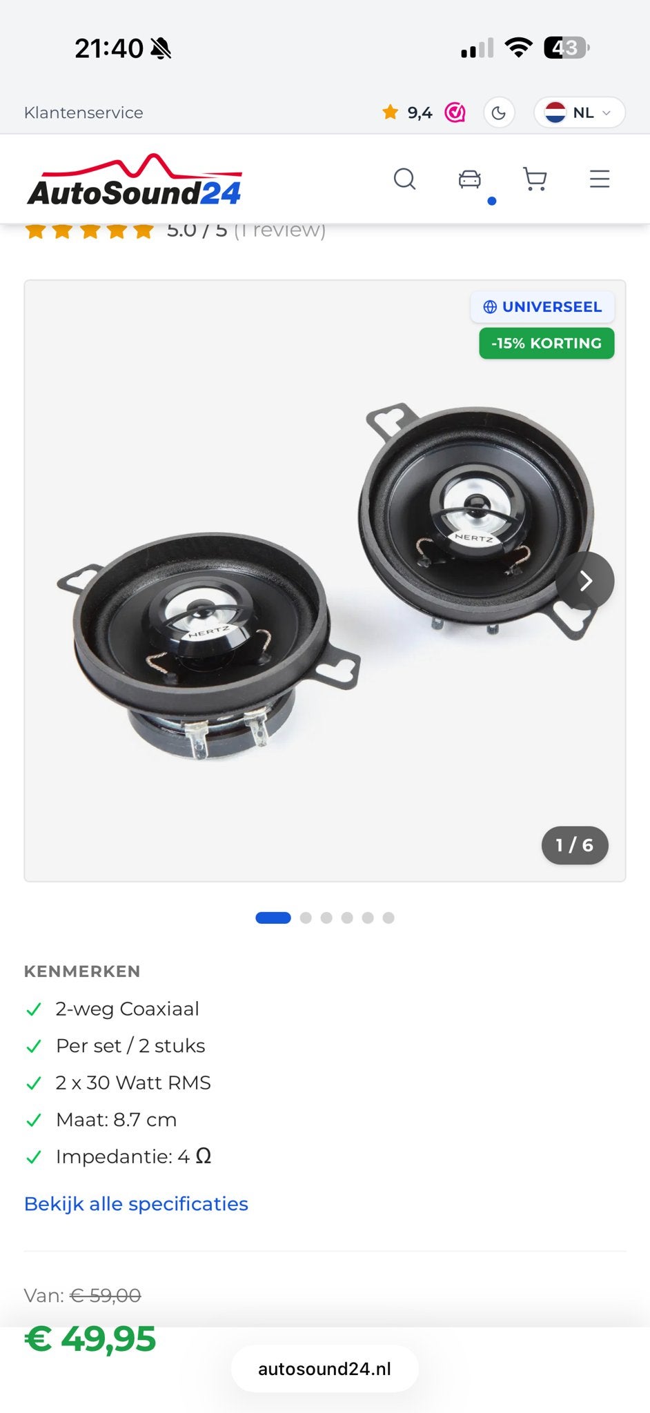 Hertz DCX87.3 2-weg Coaxiale Auto Speakers - 8.7 cm, Auto diversen, Autospeakers, Ophalen of Verzenden, Zo goed als nieuw