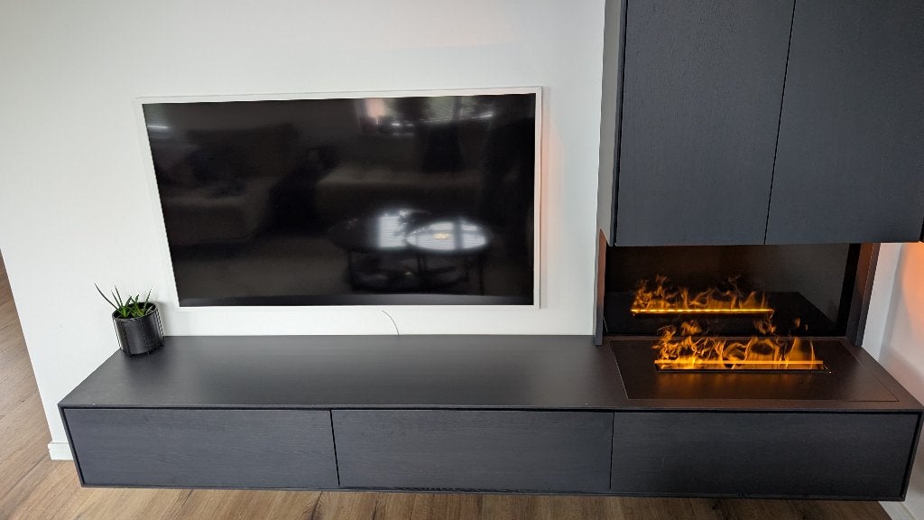 TV meubel met Dimplex sfeerhaard & schouw, Ophalen, 100 tot 150 cm, Zo goed als nieuw, 200 cm of meer