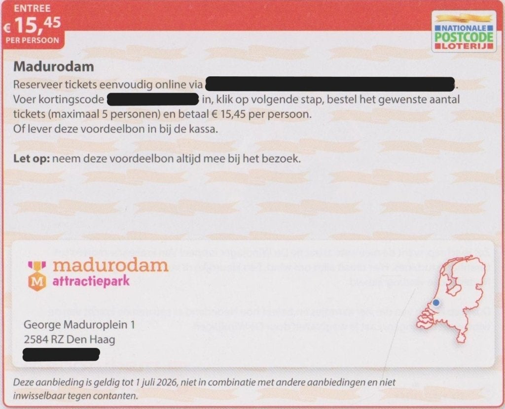 Madurodam entree € 15,45 p.p. Postcodeloterij voordeelbon., Drie personen of meer, Kortingskaart