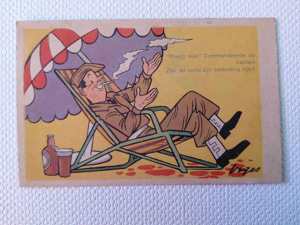 Militaire humor, Carol Voges, gelopen, 1947, stempel Heerde., Verzenden, 1940 tot 1960, Gelopen, Overige thema's