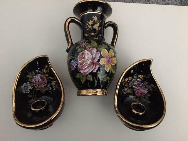 Uniek vintage vaasje met 2 kandelaars, randen met 24k goud., Antiek en Kunst, Ophalen of Verzenden