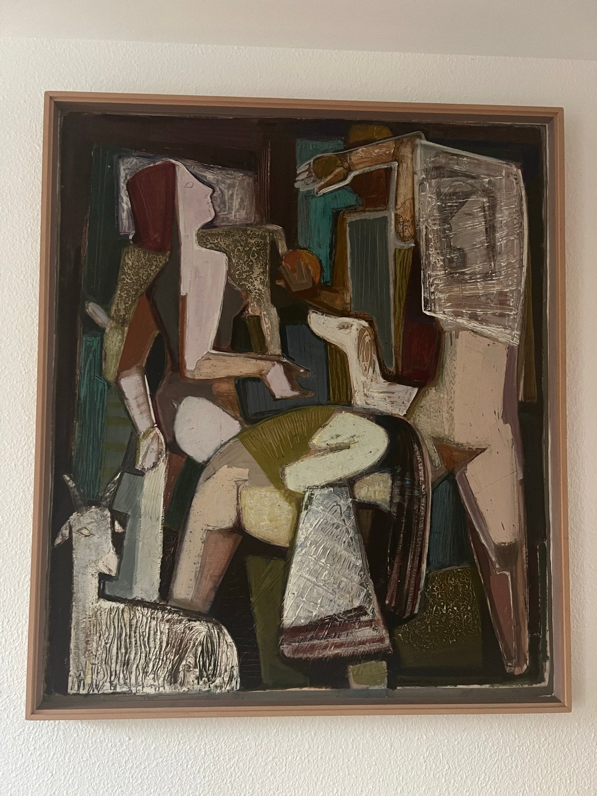 Mid Century Painting: Abstracte figuren en dieren, Ophalen, Abstract, Hout, Gesigneerd