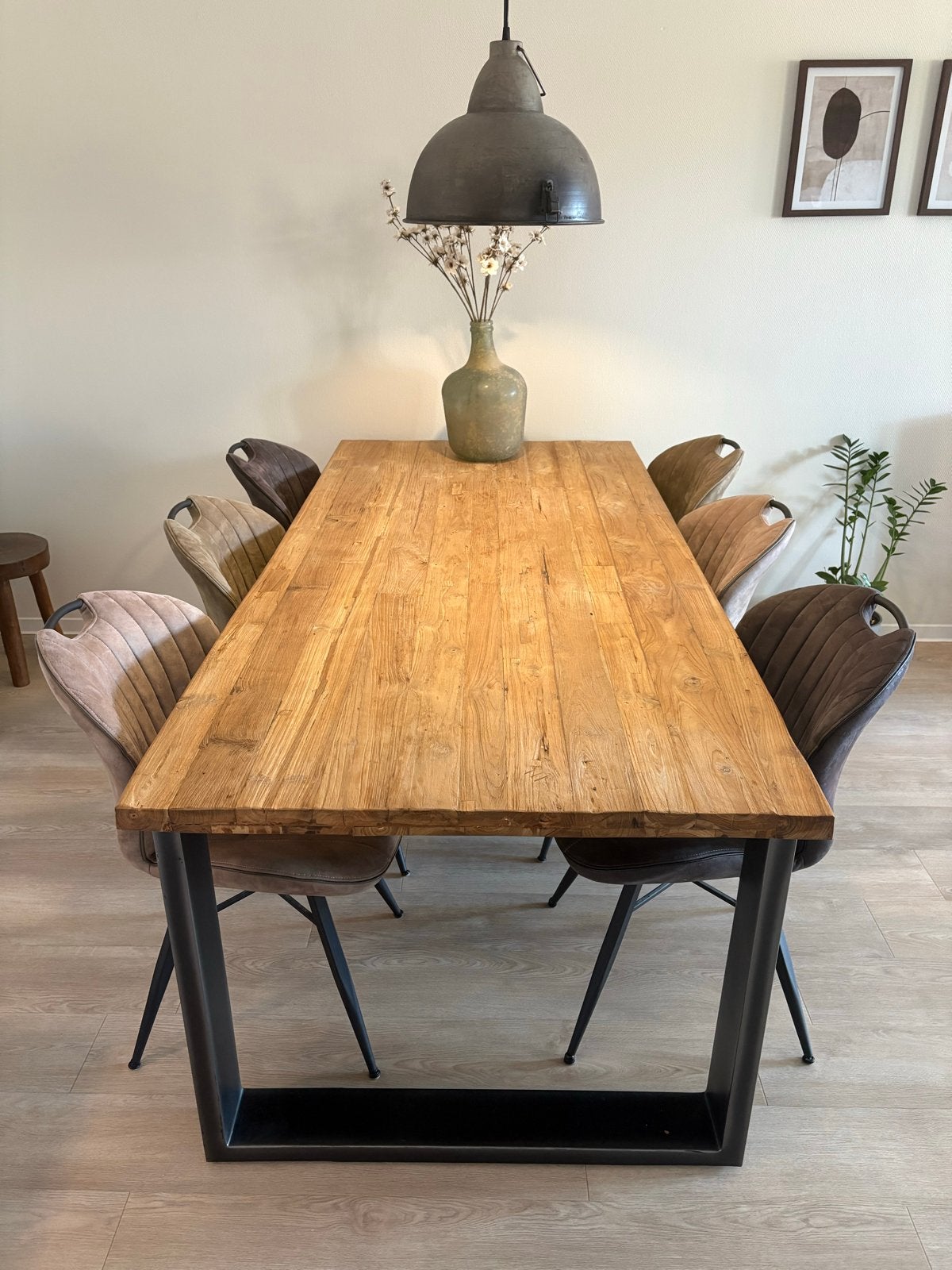 Teakhouten eettafel met metalen onderstel (220x100x78), Ophalen, Gebruikt, 100 tot 150 cm, Teakhout