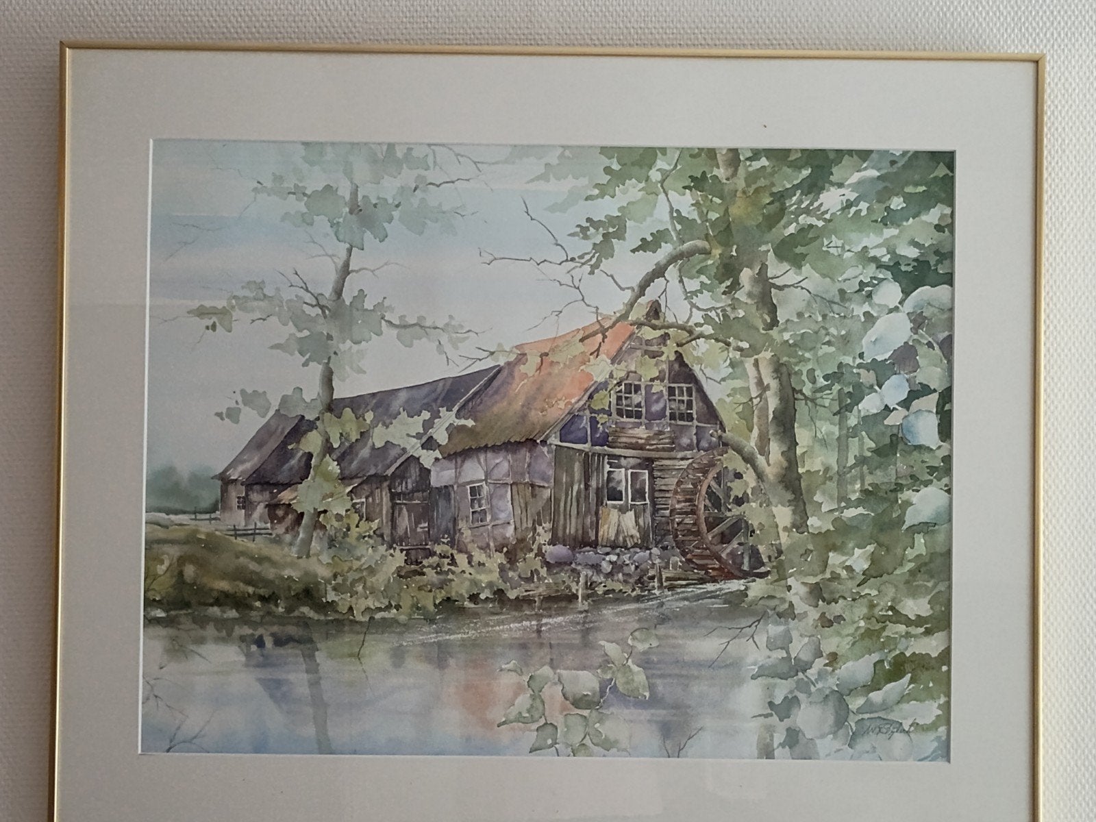 Schilderij watermolen, aquarel, ingelijst, Realistisch, Ophalen of Verzenden, Landschap, Papier