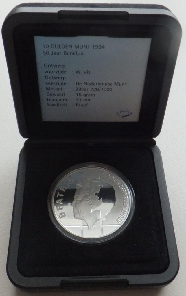 Nederland 10 gulden 50 Jaar BeNeLux 1994 PROOF in cassette, Setje, Koningin Beatrix, Zilver, Ophalen of Verzenden