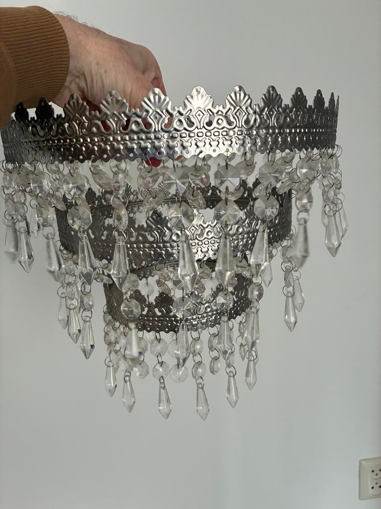 Kroonluchter Lampenkap met Kristallen - Zilverkleurig, 25 tot 50 cm, Rond, Ophalen of Verzenden, Zo goed als nieuw