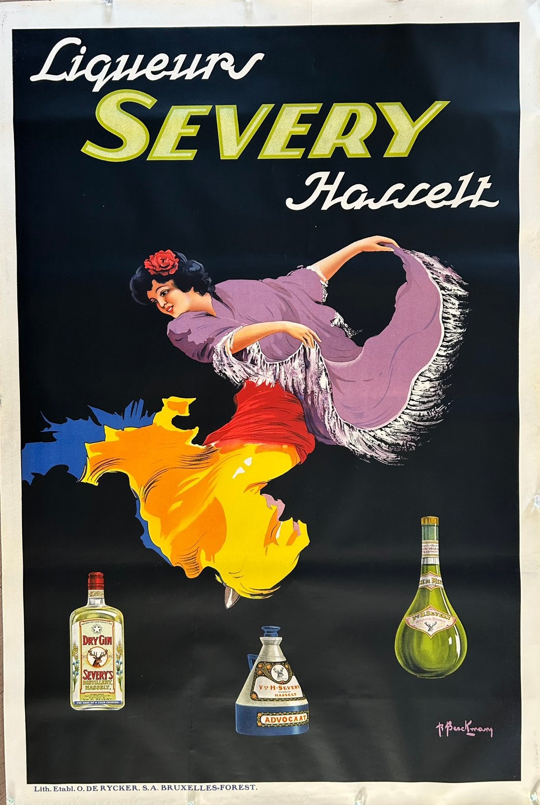 Vintage Liqueurs Severy Hasselt Reclame Poster, Gesigneerd, Overige onderwerpen, Ophalen of Verzenden, Lithografie