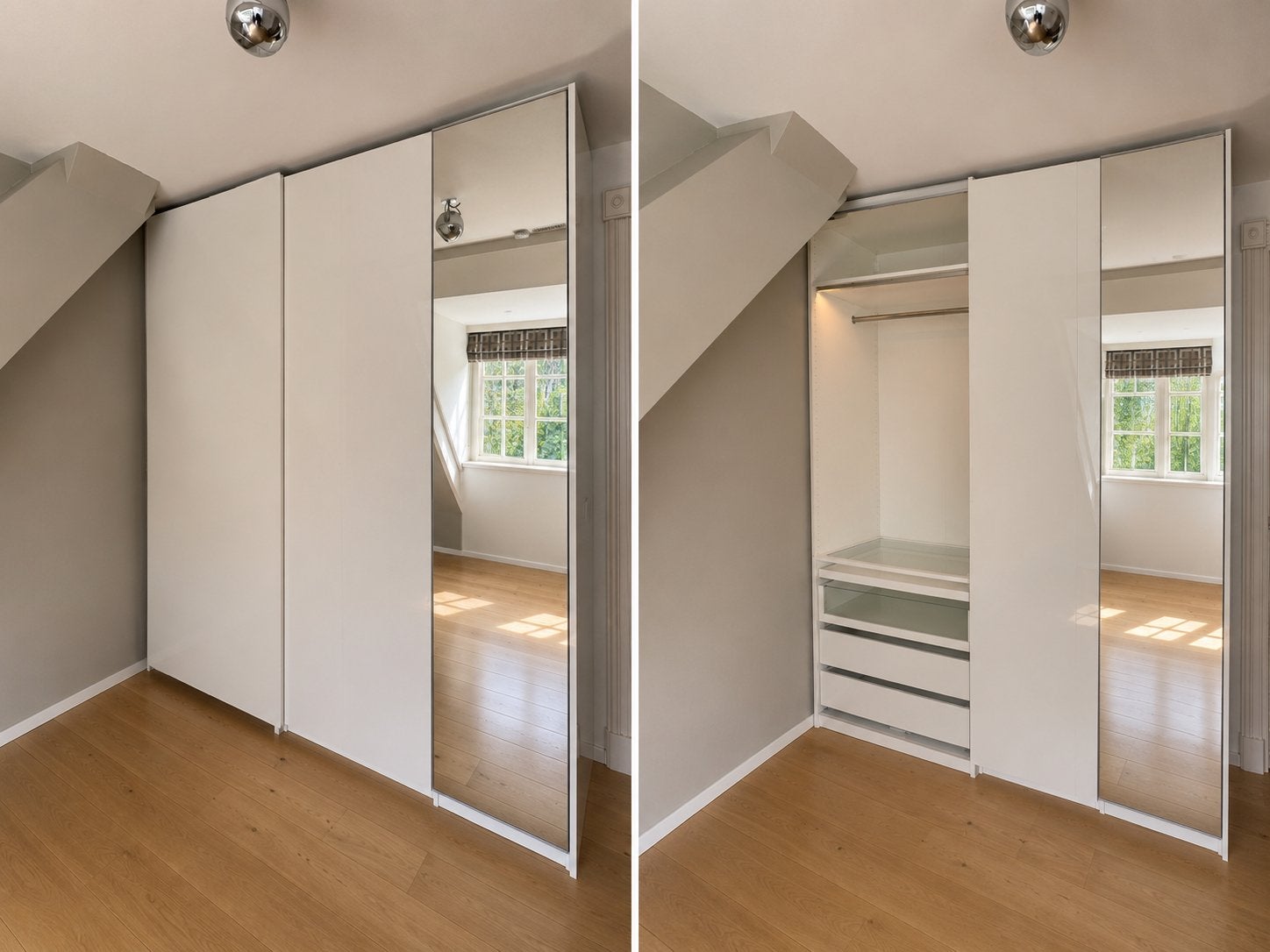 Witte IKEA PAX kast met lades, hangruimte, spiegel en led, Huis en Inrichting, Kasten | Kledingkasten, Ophalen, Gebruikt, 200 cm of meer