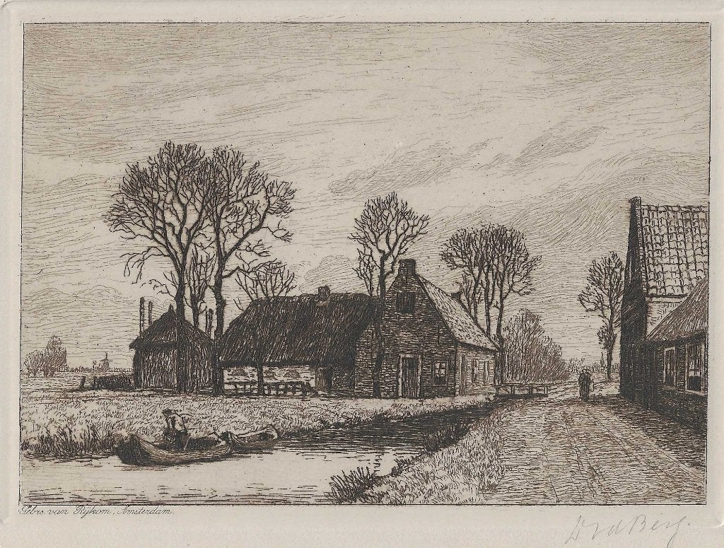 D. v.d. Berg Ets Boerderijen ca. 1920 ? Uitg. Gebr. v Rijkom, Ets, Blanco verso, 12 cm, Landschap