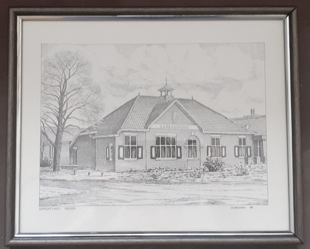 Tekening Ets Gravure Oude Gemeente Huis Malden, Ophalen of Verzenden, Tekening, Ingelijst