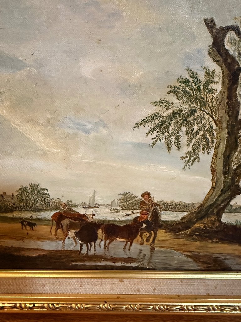 Prachtig Rivierlandschap schilderij, Ophalen, Doek, Oud hollands, Landschap