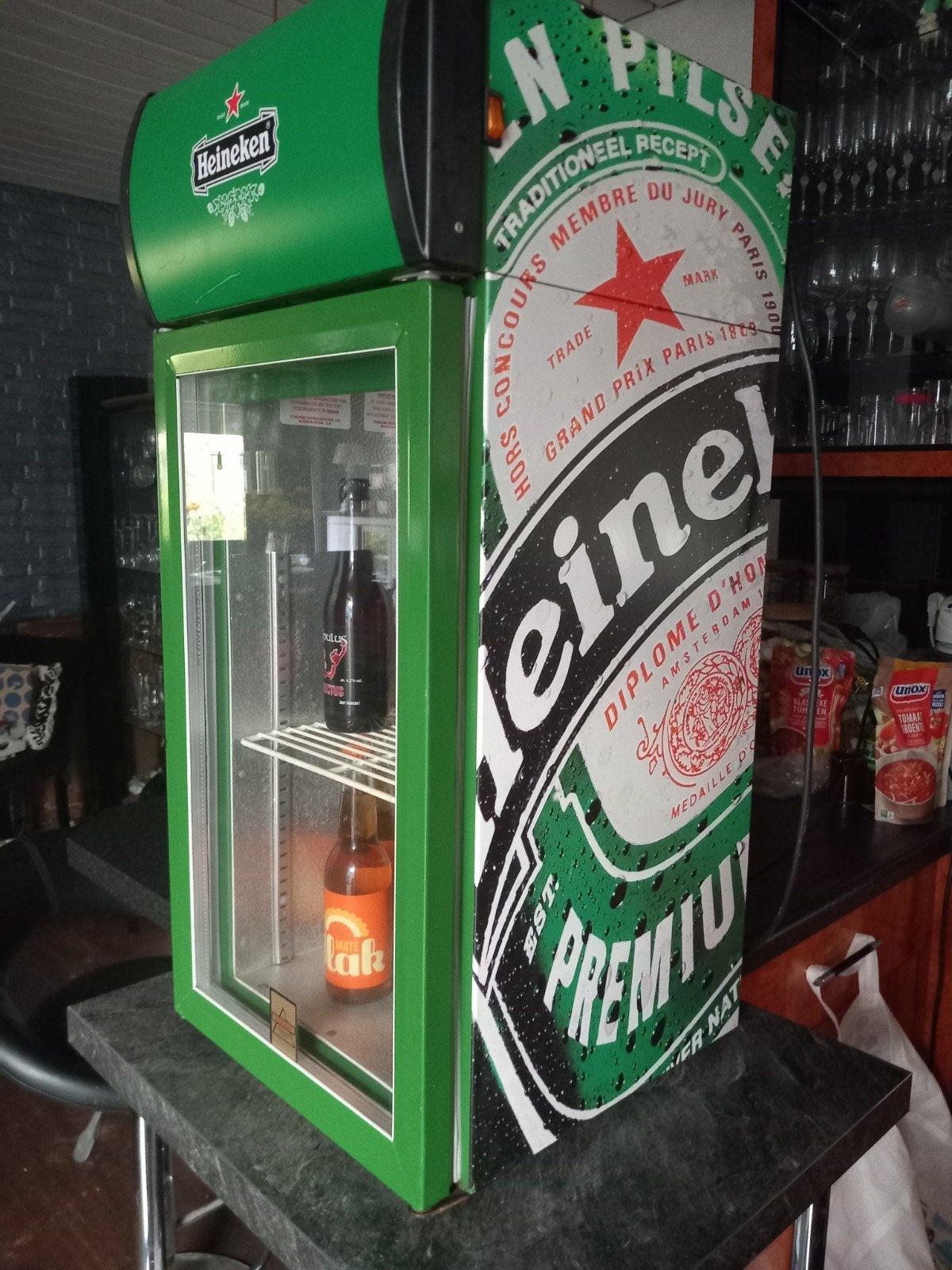 Heineken tafel model koelkast, Ophalen, Minder dan 75 liter, Zonder vriesvak, Gebruikt
