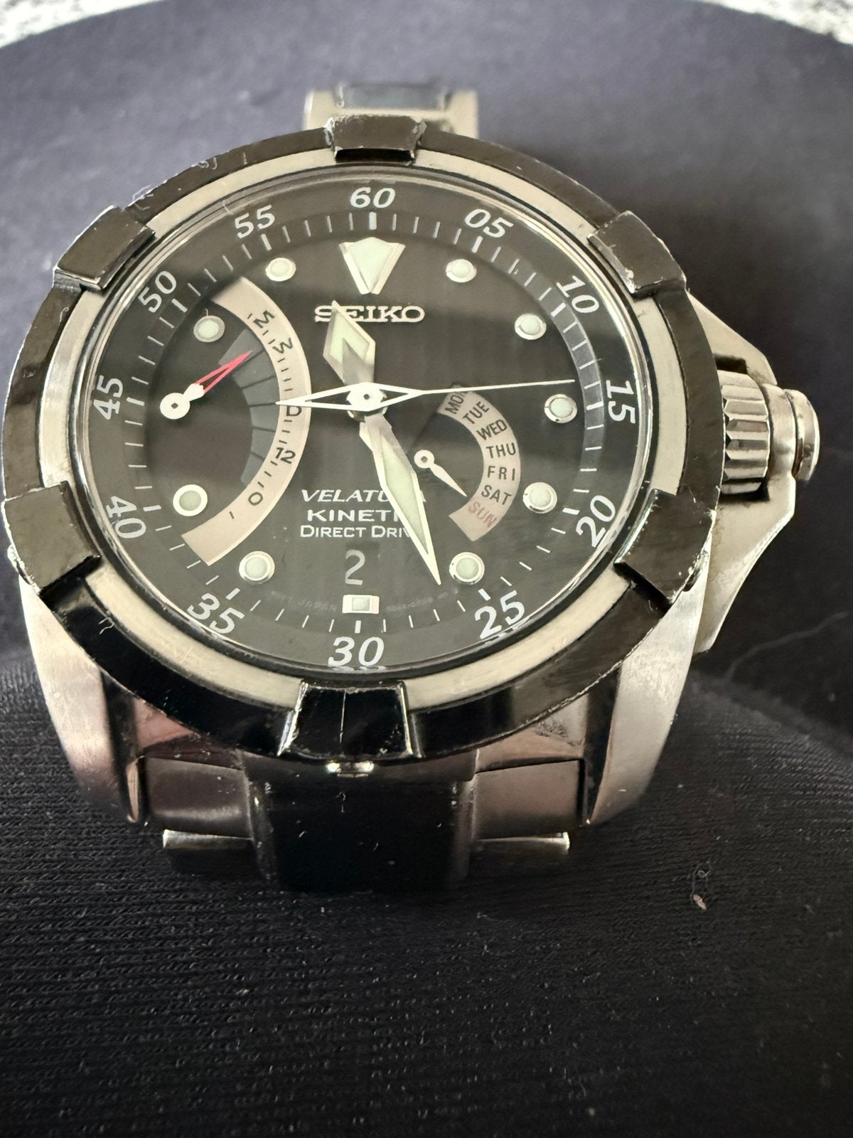 Unieke Seiko Velatura Kinetic Direct Drive herenhorloge goed, Ophalen, Gebruikt, Staal, Polshorloge